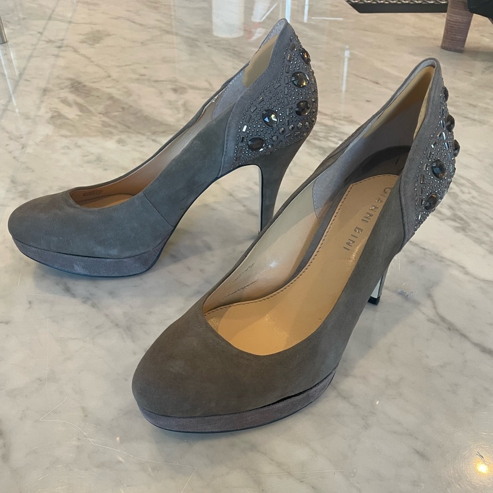 Gianni Bini Gray Suede Women’s Platform Heels with Beading at Heel 9